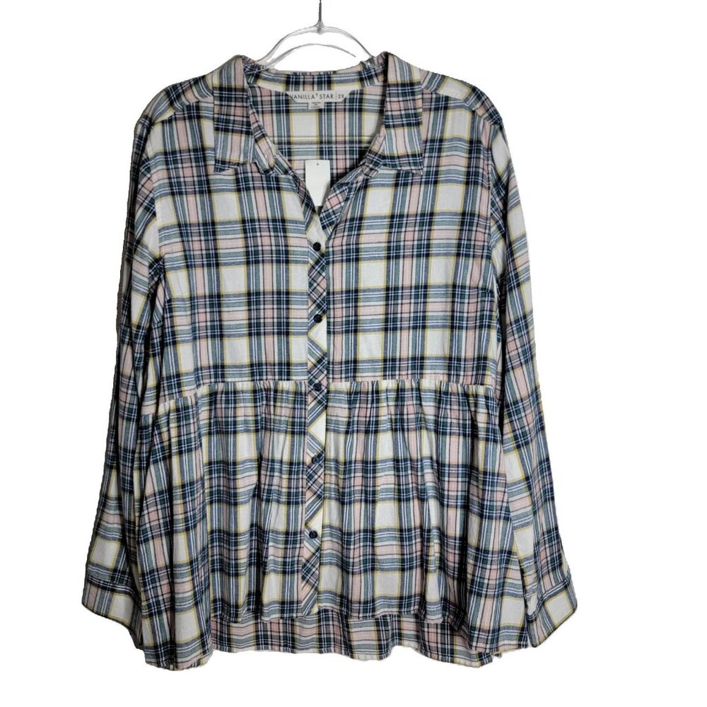 Vanilla Star Plaid Peplum Top Plus Size‎ 2X Long Sleeve Button Up High Low NWT